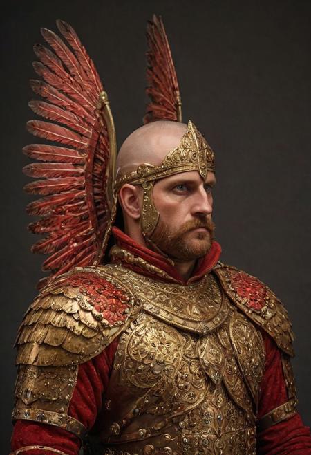 dual winged hussars, ornate red brass stylized wings on back of man, 2 large hussar wings behind back, undercuthaircut, Photorealistic oil painting of (Handsome:1.1) (Polish) (Irish) (Slavic) (bright sapphire eyes) (half-dragon warrior-prince:1.2) with (intricate metallic red brass scales seamlessly melded into arm and neck:0.9), 28-year-old, (darkblonde undercut short hair:1.1), (medieval fantasy clothing:1.2), grimdark fantasy, (medieval) fantasy, high fantasy, epic fantasy, (upper body:1.3) (medium shot:1.3) taken with (fujifilm xt3:1.1), film grain, dark style, raking light dramatic hard shadows, (dramatic lighting:0.9), material contrast, cinematic composition, intricate details, masterpiece, visually stunning, evocative, vivid deep hues, brass, red Crystal, (body transformation:1.2), <dhevv:ds-style:rsd1.5>, realistic eyes, scaleborn, scales, undercut, royal, red armor, symmetrical armor, large nose, wide nose, wide nosebridge, tallnose, dour expression, full beard, strongman, raised eyebrow