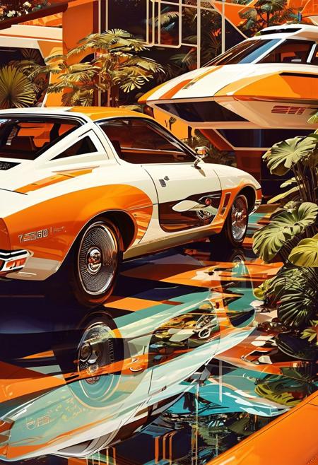 ((70's retrofutursim with Syd Mead art style)), Step into a world where technology and innovation intertwine with the groovy aesthetics of the 70's. Picture a utopian society, with floating gardens and eco-friendly buildings adorned with geometric patterns, all painted in the distinctive style of Syd Mead, renowned for his iconic retro-futuristic artworks,