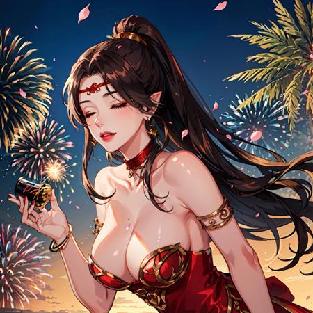 1girl, fireworks,blindfold, ponytail, pointy ears, upper body, solo, night, jewelry, earrings, long hair, black hair, falling petals, brown hair, petals, cherry blossoms,large breasts,shiny skin,(mature female:1.2),cai lin,<lora:cailin-v1.5-lora-naivae-final-6ep:0.7>