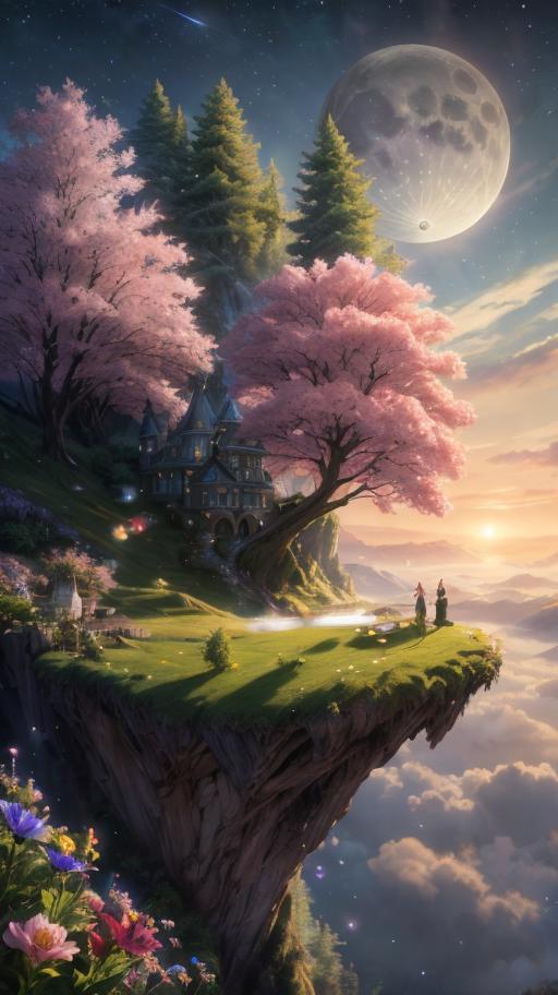A Painting of a Castle on a Rocky Cliff with Pink Trees and Cherry Blossoms