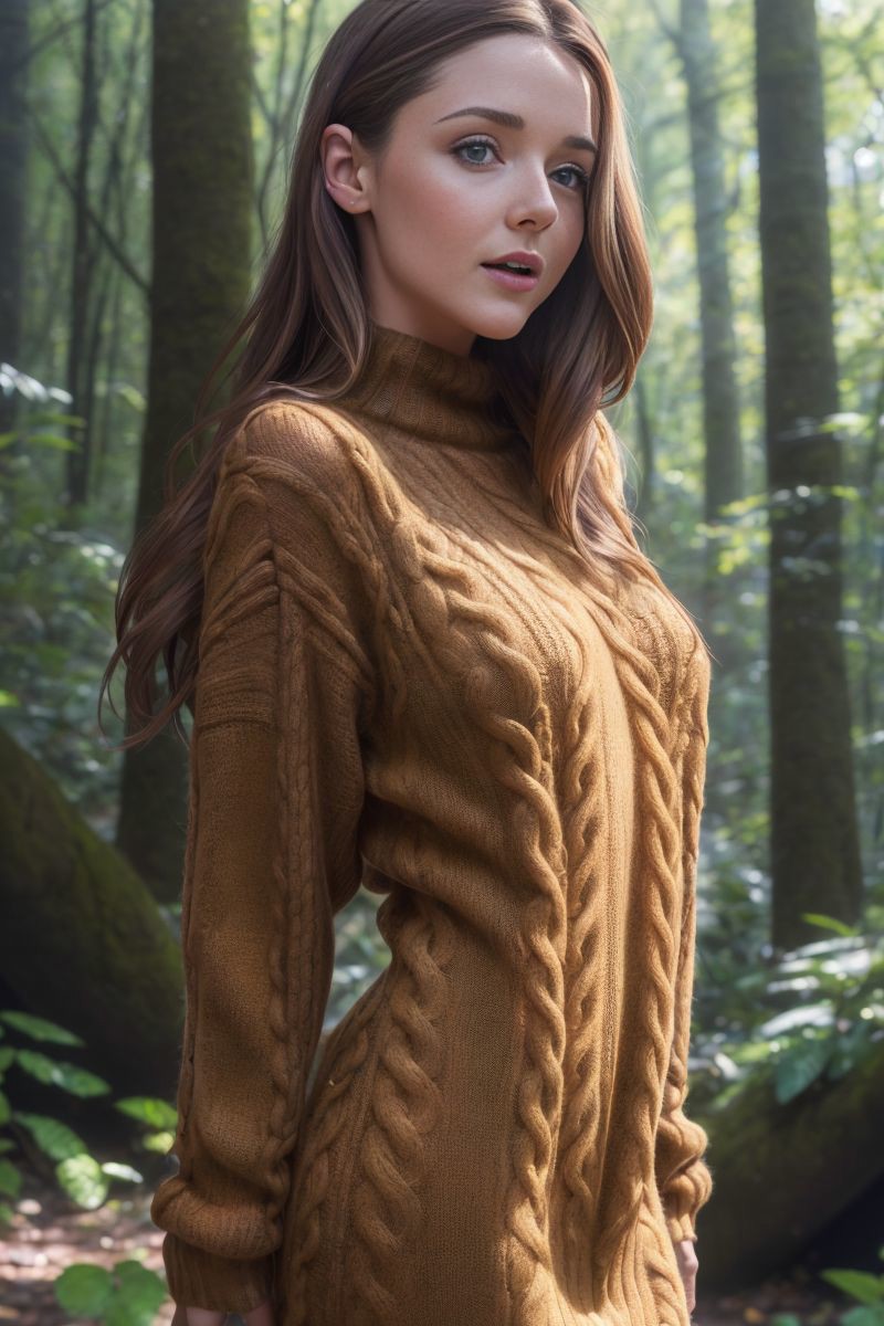 a photo of a gorgeous S016_SybilA, in the (forest:1.2), wearing a (sweater_dress:1.2), (8k, RAW photo, best quality, ultra...