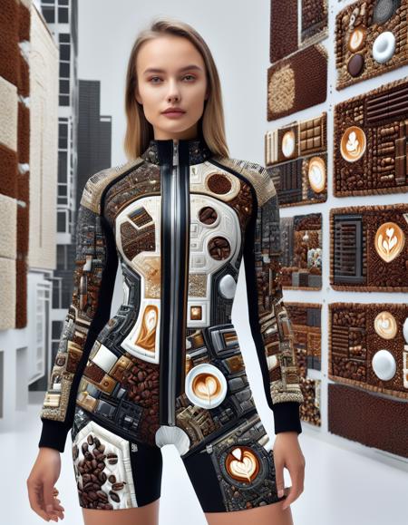 ((best quality)), ((masterpiece)), ((realistic,digital art)), (hyper detailed),DonMC0ff33Ch0c, upper body clothing,  Virtuality Metal, Pixelated Pattern,, Quantum Computing Building Brains, Long Sleeves, Knee Length, Natural Waist,  Zipper Fly,,chest pockets  , organic, irregular shapes , <lora:DonMC0ff33Ch0c_XL-000009:1.0>