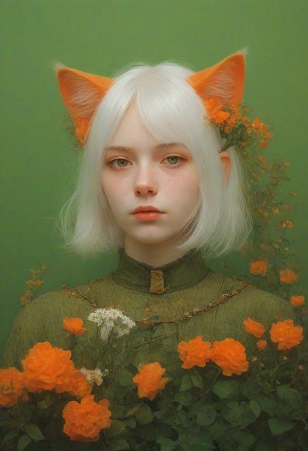 `white hair, shoulder-length hair, straight hair, 20 years old, catgirl, cat ears, cute, pale skin, blushed face, snub nose, flowers, collar, orange theme, green theme, digital artwork by Beksinski, portrait