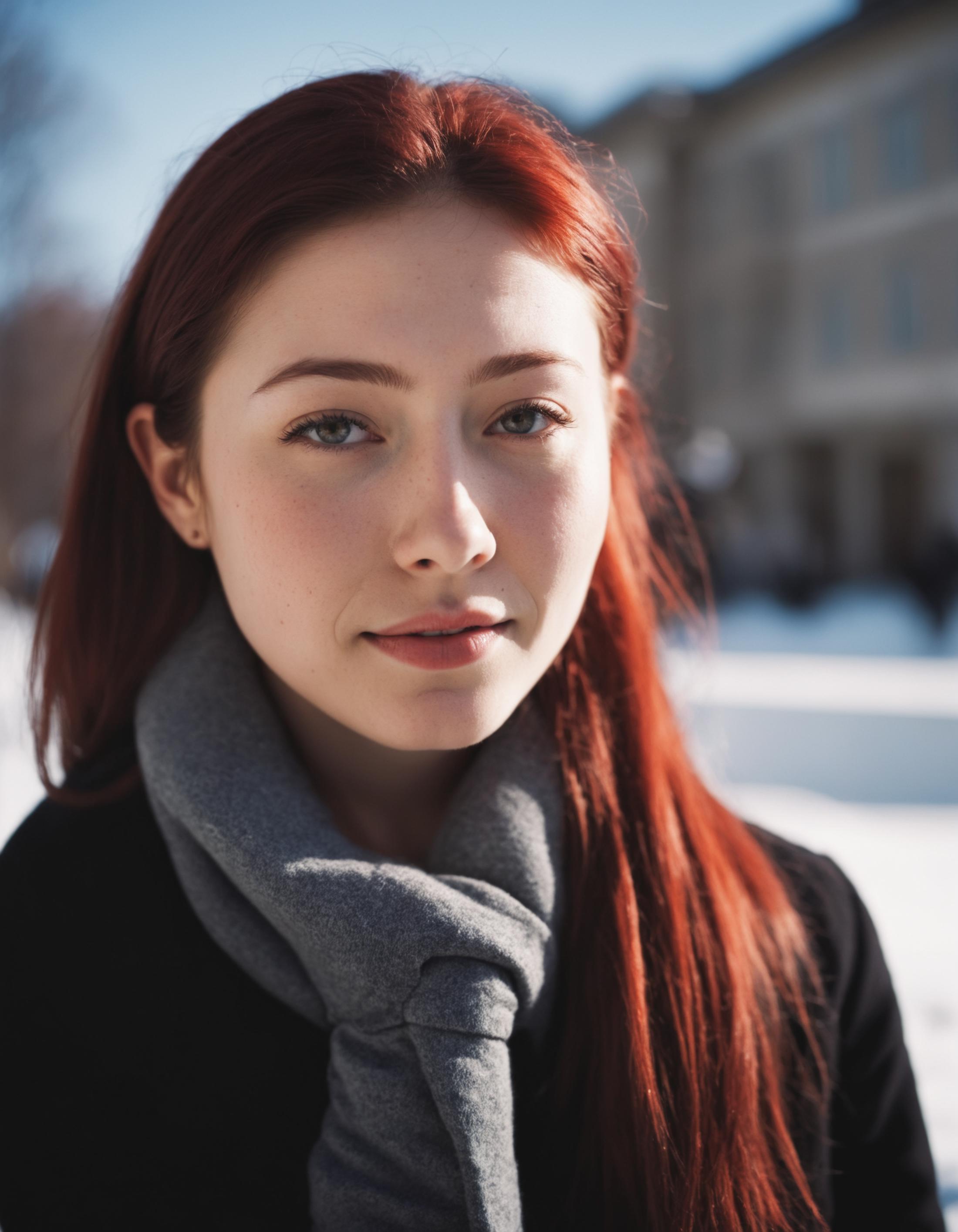 A young red-haired woman wearing a gray scarf.