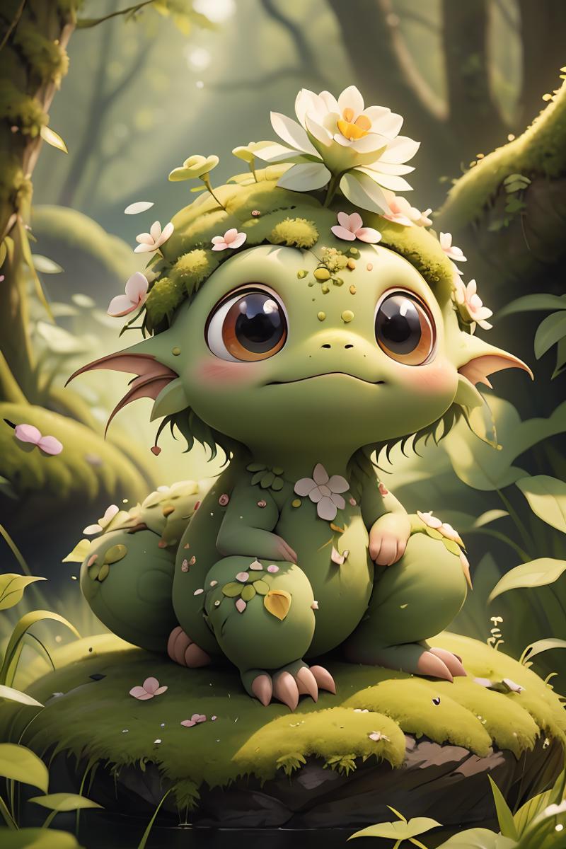 A green dragon with a flower hat sitting on a mushroom.