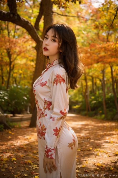 1girl,very long hair,rim light,absurdres,(autumn maple forest:1.3),very few fallen leaves,(path),botanical garden,(white printed cheongsam:1.2),medium_shot,