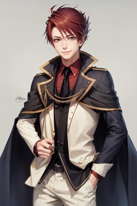 (masterpiece, best quality:1.2), <lora:umineko_ushiromiya-11:1>, cowboy shot, solo, male focus, 1boy, ushiromiya battler, smile, closed mouth, looking at viewer, hand in pocket, formal, suit, cape