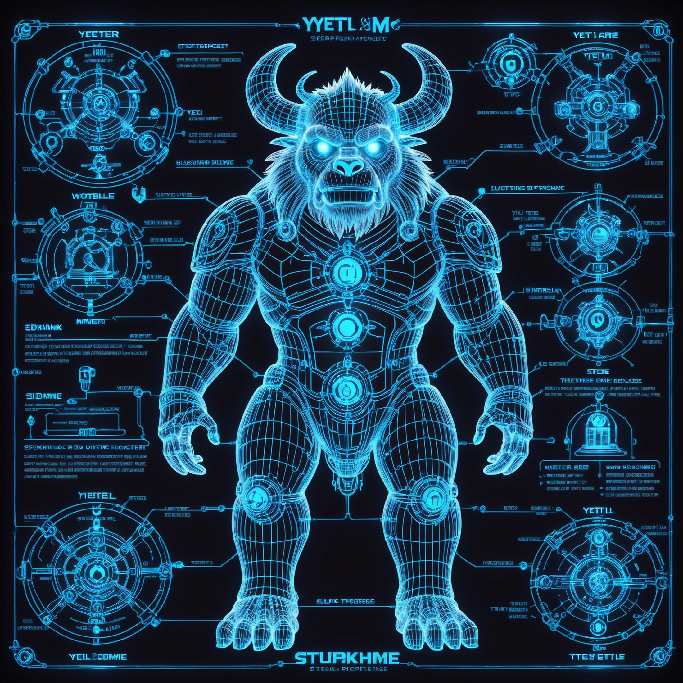 glowing blue on black 3d wireframe, diagram, steampunk, yeti \(monster\)<lora:EnvyBetterHiresFixXL01:0:hr=1><lora:EnvyScif...