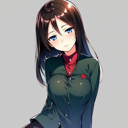 best quality, masterpiece, 1girl, nonna, black hair, long hair, blue eyes, large breast, pravda school uniform, head tilt, cowboy shot, grey background <lora:nonna-18:0.9>