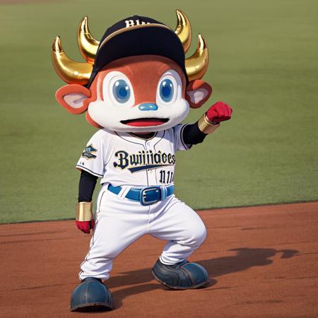 buffalo_bull, solo, male focus, 1boy, mascot, gloves, horns, baseball cap, blue eyes, baseball uniform, clothes writing, furry male, full body, open mouth, pointing, belt