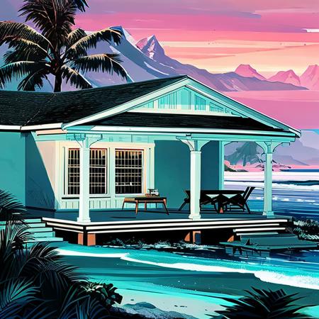 a landscape painting of a a bungalow on the beach,  inkpunkLandscapes768, f/1.4, square image, close up film photo, portrait of a sir, blue black mullet, dark teal eyes, knick knack jewelry, elegant pose, atmospheric lighting, cinematic composition, detailed, winter, filmgenre__