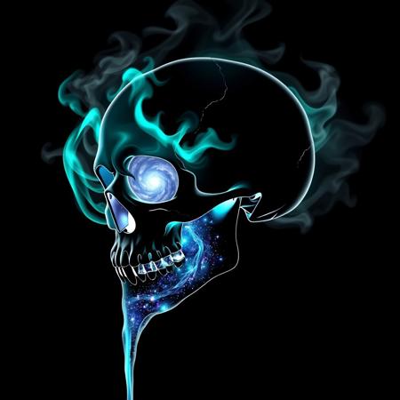 Cybernetic Skull, black background, slhouette black and white outline, skull made of smoke, neon teal_flames, pov sideview, smoke rises from back of skull, whole Galaxy in skull, mouth open pouring out Galaxy in a liquid form, Galaxy coming from open mouth of skull
