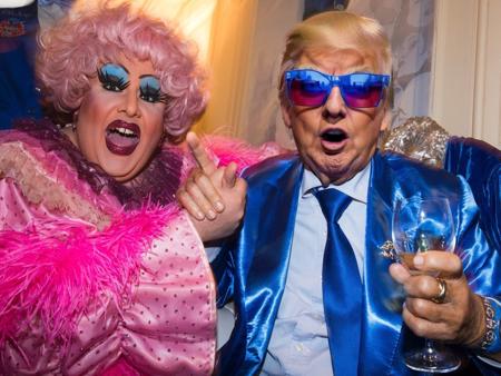 Trump768 with a dragqueen, blue sunglasses, blue suit, detailed eyes, photography, ultra-sharpness, highest quality, art of Anya Millen, smooth, clear focus, trend on artforum, behance hd, muted colors    <lora:Trump768:0.7>