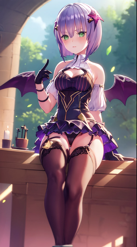 1girl, solo, girl, prahsts, green eyes, wings, hair ornament, short hair, purple hair,  wings, bangs,medium breasts, bare shoulders, gloves,,<lora:prahsts:1>,