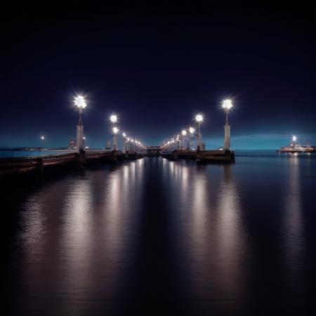 Photo of reflections of board walk lights on ocean, dark lighting <lora:Reflections:0.8>