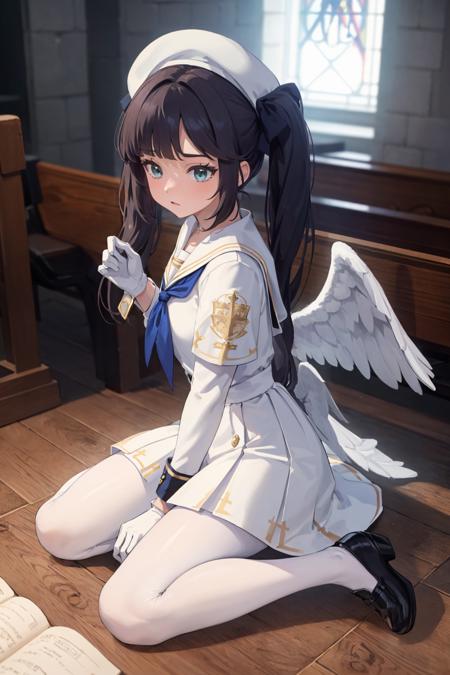 masterpiece, best quality, highly detailed, 1girl, (pov:1.1), <lora:BlueArchive_Trinity_Mob_v1-000195:0.4>, full body, from above, (church, indoors:1.5), (white gloves:1.5), (long sleeves, white sleeves:1.2), white dress, capelet, (white pantyhose, white collar:1.3), white wings, (white sailor collar, blue cuffs:1.4), black loafers, (black neckerchief:1.2), white beret, halo, (low wings, white angel wings:1.2), wariza, <lora:mona_v1:0.7>, aamona, long hair, twintails, black hair, (black footwear:1.2)