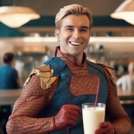 cinematic photo masterpiece, 8k wallpaper, best quality, photo realistic, realistic, HomeLander, <lora:HomeLander>,  smile, closed mouth, holding a glass of milk, drinking, standing, (cafeteria at the background,), . 35mm photograph, film, bokeh, professional, 4k, highly detailed