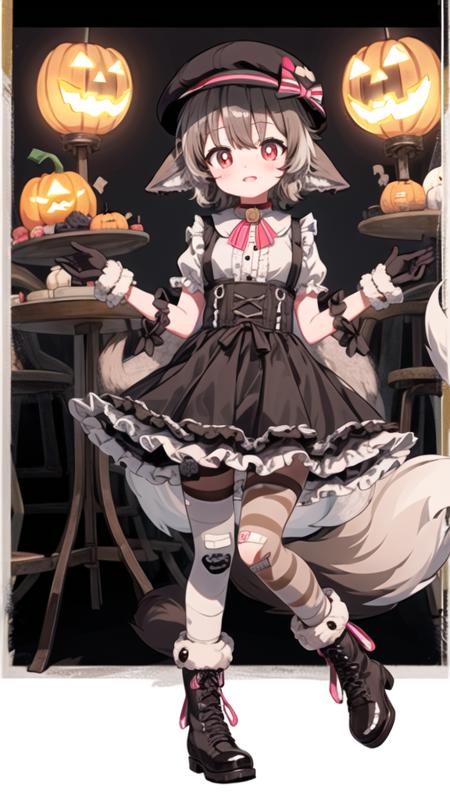 masterpiece, best quality, 1girl, 
(halloween background:1.2)
<lora:OkuriSae-v1:0.8>
cabbie_hat, striped, red_ascot, red_bowtie,
two-tone_hair, brown_hair, animal_ears, ears_down,