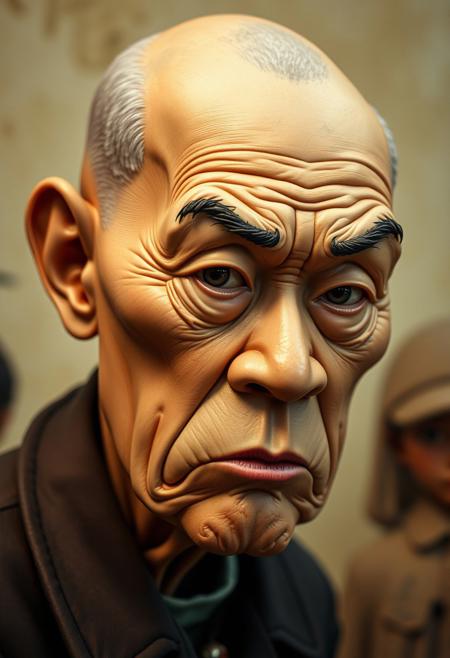 Tight close-up shot of a caricature figure, Cynical Realism, bold color palette, exaggerated features, shaved head, surreal elements, browns, beiges, muted colors, detailed focus. Contemporary Chinese art style, social commentary, political undertones, ironic humor.