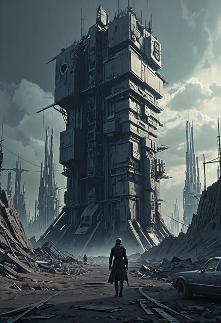 Dystopian style <lora:Beeple_retrofuturism-000005:1>,Beeple style,retrofuturism, . Bleak, post-apocalyptic, somber, dramatic, highly detailed