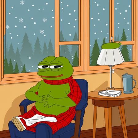 <lora:pepe_frog_v2:0.6> (pepe_frog) sits in a cozy room with a (post-Soviet entourage) on a chair, covered with a warm plaid. Outside the window is a winter evening.