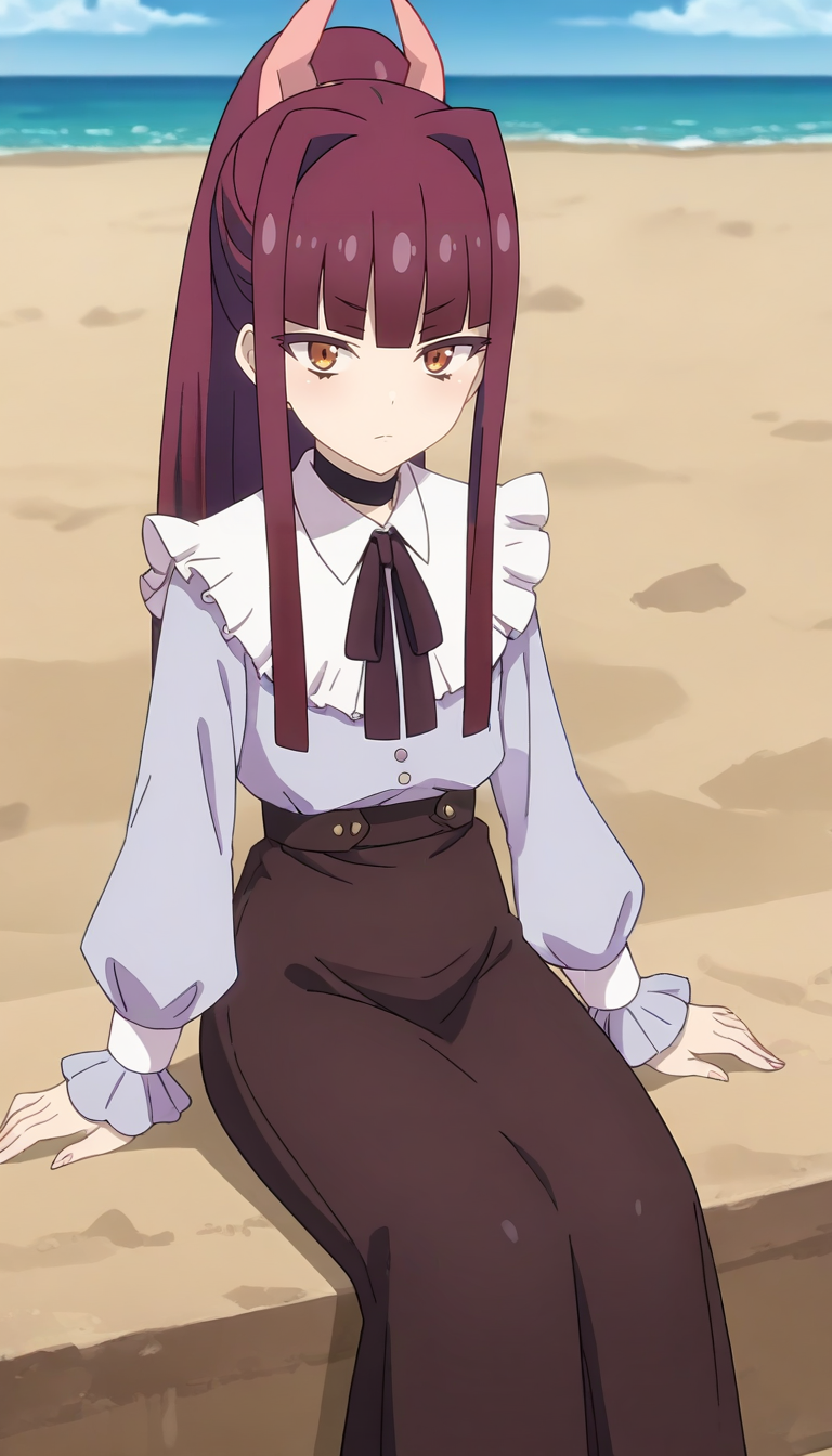 A young woman with long, dark red hair brown eyes, and two small, pink horns on her head. She is seated on a sandy beach with a calm ocean and clear blue sky in the background. She is wearing a light blue blouse with ruffled white collar and cuffs, and a high-waisted, dark brown skirt. 