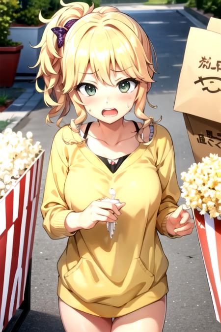 <lora:KiriIzumi-03:0.8>, kiriizumi, open mouth,bow, hair bow, food, sweatdrop, popcorn