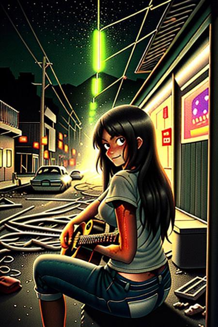 A young female vagabond, her clothes tattered and worn, with dust and dirt covering every inch of her, sits on a decrepit street corner, strumming a guitar. The illustration style is reminiscent of watercolor paintings, evoking a whimsical atmosphere. Her long hair flows like a river down her back, and the faint smile on her lips suggests a hint of mischief. In the background, the cityscape stretches out in a blur of concrete and steel, with neon lights twinkling like fireflies in the distance. The composition of this picture is a symphony of textures, from the rough-hewn guitar to the soft, flowing hair, and the perspective structure is one of intimacy and closeness, drawing the viewer into the vagabond's world.