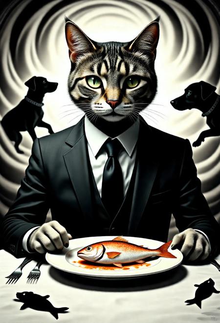 Dreamlike_surreal, a close up on a humanoid cat wearing a suit and tie sat at a dinner table eating a fish off a plate, the background is swirling effext and shadows of dogs