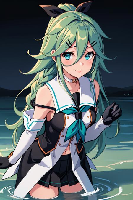 yamakaze kai ni, ponytail, twin braids, hairclip, hair ribbon black serafuku, green neckerchief, black gloves, elbow gloves, black skirt, thighhighs