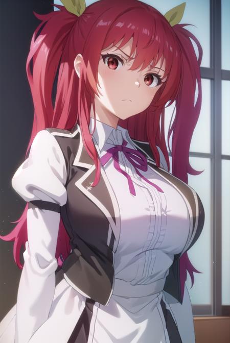 stellavermillion, <lora:stella vermillion s1-lora-nochekaiser:1>,
stella vermillion, long hair, (red eyes:1.3), ribbon, twintails, hair ribbon, red hair, angry, frown,
BREAK skirt, long sleeves, school uniform, juliet sleeves, blazer, black blazer, ribbon, red ribbon, choker, white sleeves, sleeveless blazer, (puffy sleeves:1.2),
BREAK indoors, classroom,
BREAK looking at viewer, (cowboy shot:1.5),
BREAK <lyco:GoodHands-beta2:1>, (masterpiece:1.2), best quality, high resolution, unity 8k wallpaper, (illustration:0.8), (beautiful detailed eyes:1.6), extremely detailed face, perfect lighting, extremely detailed CG, (perfect hands, perfect anatomy),