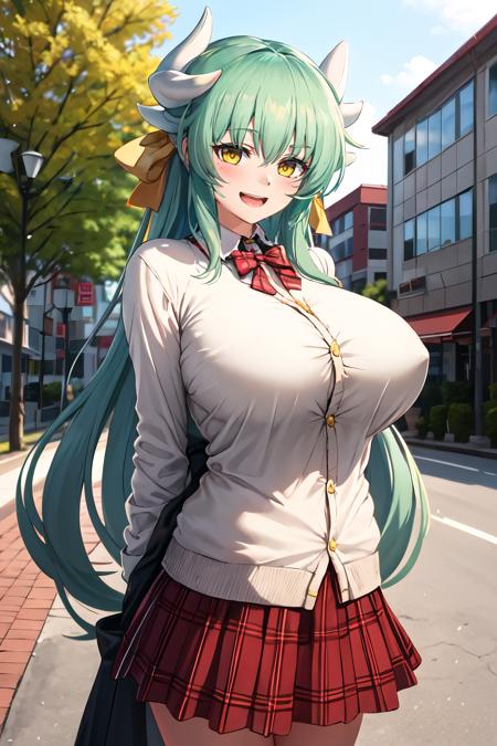 masterpiece, best quality, highres, aakiyo, long hair, green hair, white horns, hair bow, yellow bow, yellow eyes, <lora:kiyohime_(lancer)_v1:0.7>, cardigan, plaid skirt, arms behind back, smile, open mouth, petals, outdoors, huge breasts <lora:B-pang-Style-v1.1_275636:1>