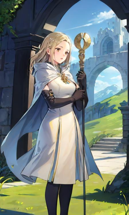 1girl, solo, full body, standing, ophilia, white dress, white cape, long dress, elbow gloves, staff, holding staff, grass, greenery, mountain, arch<lora:octopath_ophilia:0.8>