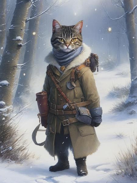 <lyco:Jean-BaptisteMonge:1.0> Tiny cute and adorable cat adventurer dressed in a warm overcoat with survival gear on a winters day, jean - baptiste monge , anthropomorphic, HD,