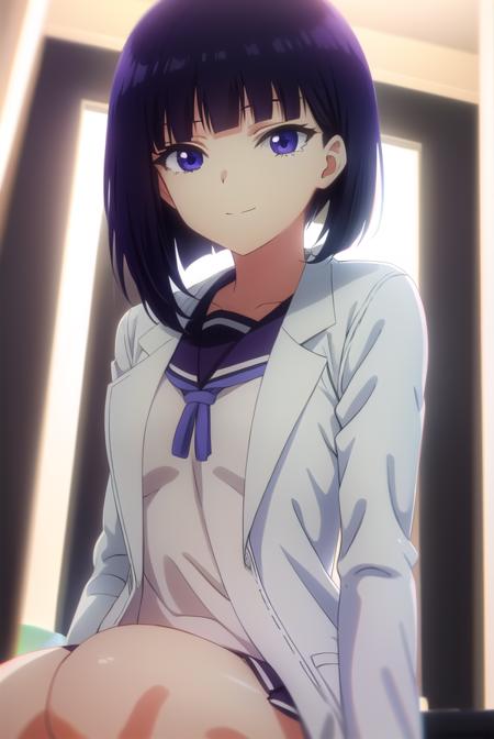 inarisakihira, <lora:inari sakihira s1-lora-nochekaiser:1>,
inari sakihira, short hair, (purple eyes:1.1), purple hair, smile,
BREAK skirt, school uniform, serafuku, labcoat,
BREAK indoors, classroom,
BREAK looking at viewer,
BREAK <lyco:GoodHands-beta2:1>, (masterpiece:1.2), best quality, high resolution, unity 8k wallpaper, (illustration:0.8), (beautiful detailed eyes:1.6), extremely detailed face, perfect lighting, extremely detailed CG, (perfect hands, perfect anatomy),