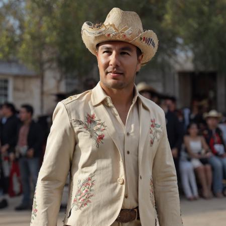 <lora:ChecoPerez:0.90>, ChecoPerez, a man, Charro, Mexican cowboy, Traditional attire, Mariachi outfit, Elegant charro, Charro suit, Charro hat, Embroidered clothing, Rodeo attire, Charro jacket, Mexican heritage, Cultural attire, Folkloric outfit, 