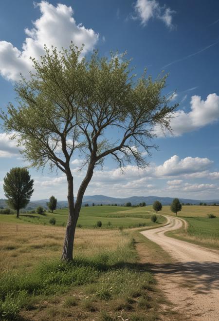 masterpiece, photorealistic, italian countryside, sparse trees, wispy clouds, uninhabited,