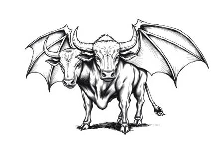 fantasy, ink art, comic style art, bull is standing with four feet, feet has claws, bat wings