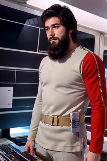 young man with long beard in s1999unf uniform,red left sleeve,on a spaceship<lora:S1999_V2flex-000004:0.8>