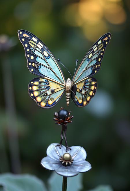 steampunk butterfly standing on a metal flower