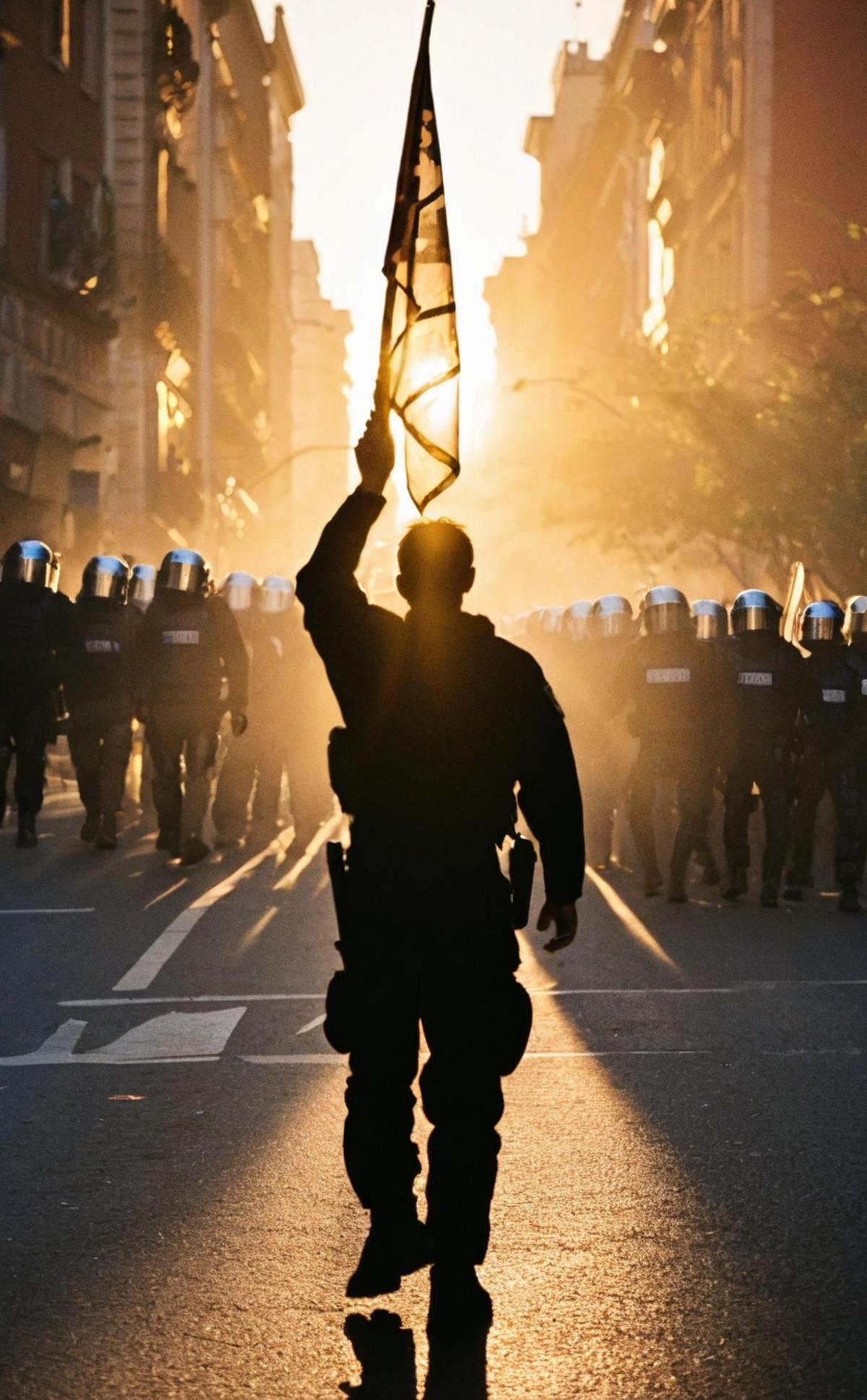 A man in a dark suit holding a flag in the middle of a protest.