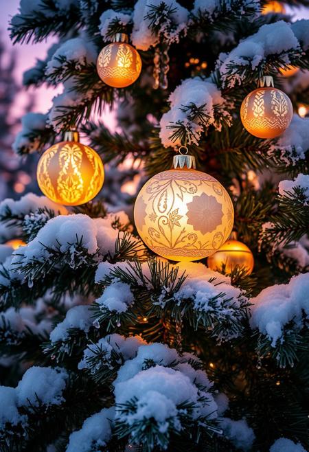 Rime Ice A serene, winter evening scene featuring a beautifully decorated evergreen tree heavy with fresh white snow. Several ornate Christmas ornaments adorn the branches, including large, glossy spheres in soft pastel shades of gold and white, delicately patterned with frost-like designs. The ornaments emit a warm, inviting glow, contrasting against the cool, deep greens of the pine needles and the snowy white backdrop. The soft lighting from the ornaments reflects off the snow, creating a magical ambiance. The background reveals a subtle sunset, with pastel hues of purple and orange blending seamlessly into the night sky, enhancing the cozy, festive atmosphere. Hyperrealistic style with high detail, focusing on texture and light interplay.