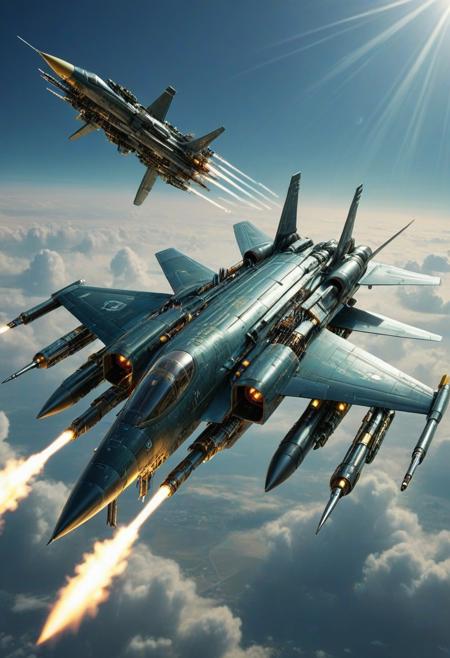 combat jet, cyberpunk, made of Transistors, sky, fly, cloud, ray, sun, combat, multiple missiles