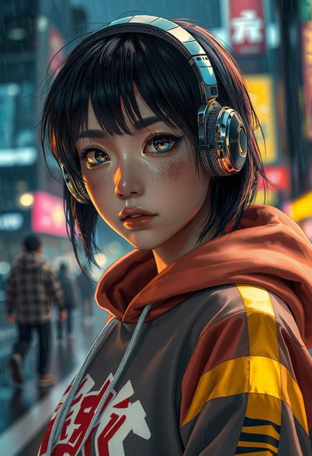 A 4K photorealistic photograph  of a Half-Japanese  male hacker. More Caucasian with freckled nose and cheeks. Black hair with golden frosted tips. Aged 28. Cyberpunk clothing. Hi tech chrome and carbon fibre one eared headset. Bold graphic styled Hoodie with Japanese lettering down a sleeve and a bold golden stripe down each sleeve   The girls eye pupils have swirling Galaxy of stars and specks floating in a nebula pattern   Posed in front of a Rainy city at nite
