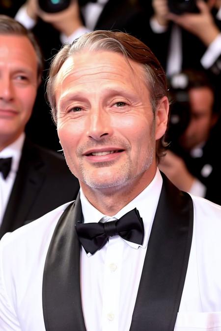 RAW photo, a photo of mads65 smiling while wearing a white shirt and black bow tie, (high detailed skin:1.2), 8k UHD, DSLR, soft lighting, high quality, film grain, Fujifilm XT3