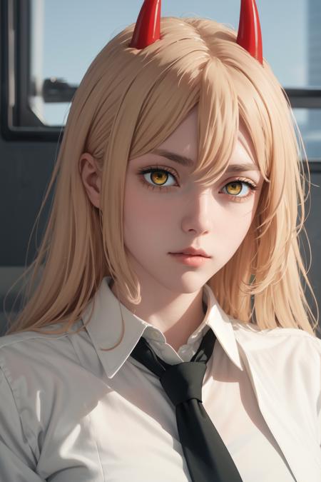 power_csm blonde hair, yellow eyes, cross-shaped pupils, symbol-shaped pupils, red horns, sharp teeth white buttoned shirt, blue jacket, black necktie, black pants, sneaker shoes