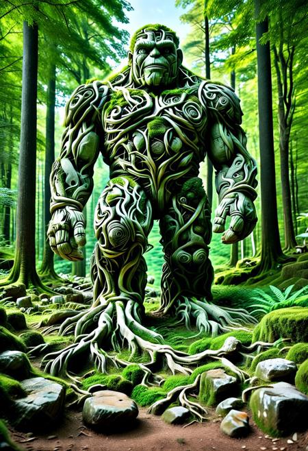 score_9,score_8_up,score_7_up, PG-TR, This is a vibrant, fantasy illustration of a large, golem-like figure that appears to be made of stones and rocks, partly overgrown with lush green foliage. The figure stands in a forested environment, with trees and plants surrounding it, and in the background, ruins or other stone structures are visible. The sky above is clear blue with some white clouds, indicating a sunny day.
The colossus itself is impressively large, with a broad posture and thick, robust limbs. Its body is a mix of gray and brown stones, some smoother than others, with cracks and moss growth emphasizing its age and natural integration. The most striking feature is the dense layer of bright green leaves covering large parts of its torso, shoulders, and upper legs, as if it has become part of the forest itself.
The colossus's face is somewhat human-like, with a stylized, flat nose and indentations suggesting eyes, all formed from stone. The overall atmosphere of the image is one of wonder and mystery, fitting for a fantasy world. <lora:Treeroots_0_90_multi2_Handprocessed_V2:1>