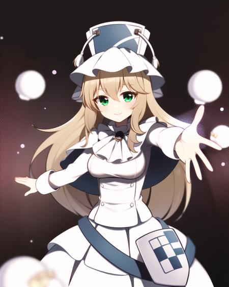 masterpiece, high quality, pmmmorikomagi, 1girl, green eyes, blonde hair, long hair, white dress with long puffy skirt, decorative shield on skirt, high white hat with two tassels, long sleeves, shawl on shoulders, detailed hands, (dynamic shot), (hand outstretched forward), looking at viewer, light smile, dancing, colorful, abstract background, white orbs, <lora:pmmmorikomagi_v2-000007:0.75>