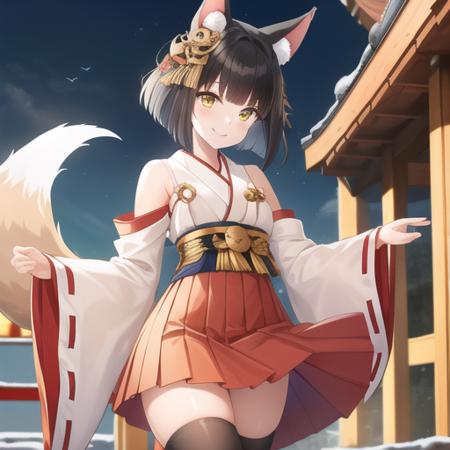 (masterpiece, best quality:1.2),illustration,8k,hd,1girl,solo,upper body,(portrait:1.2),mutsu (azur lane),animal ears,bell,black hair,black thighhighs,yellow eyes,detached sleeves,fox ears,hair ornament,hakama skirt,japanese clothes,jingle bell,kagura suzu,miko,red skirt,shirt,short hair,skirt,smile,white shirt,clog sandals,<lora:Mutsu(azur)>,