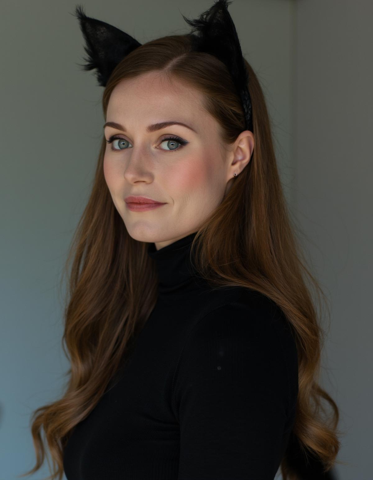 A photo of Sanna Marin dressed up as a catgirl, with cat ears and a cat tail, wearing a black turtleneck shirt